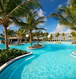 swimming pool at resort with palm trees