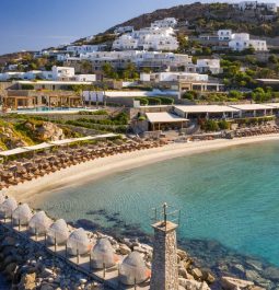 sand beach with cabanas at santa marina mykonos