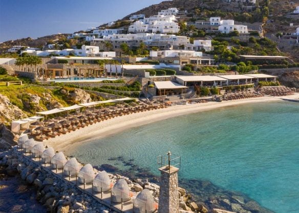 sand beach with cabanas at santa marina mykonos