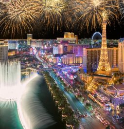 las vegas strip with fireworks in sky