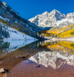 Panorama view of Maroon Bells national park in Falls, Aspen, Colorado.