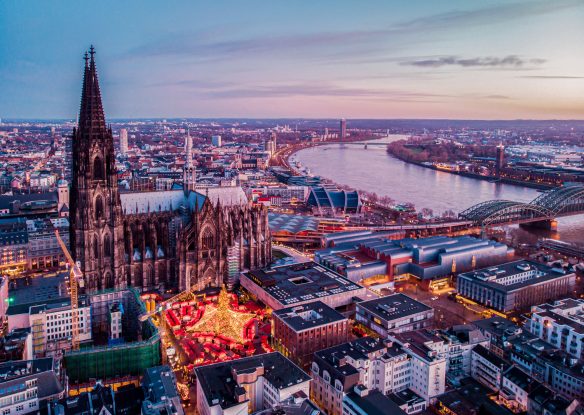 Cologne Germany Christmas market, aerial drone view over Cologne rhine river Germany