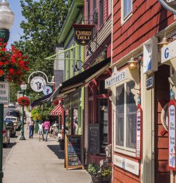 Main street in Camden, Maine depicting small town America on the northeast coast.