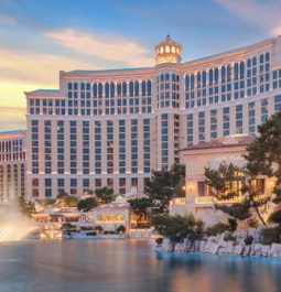 Vegas hotel with fountains in front