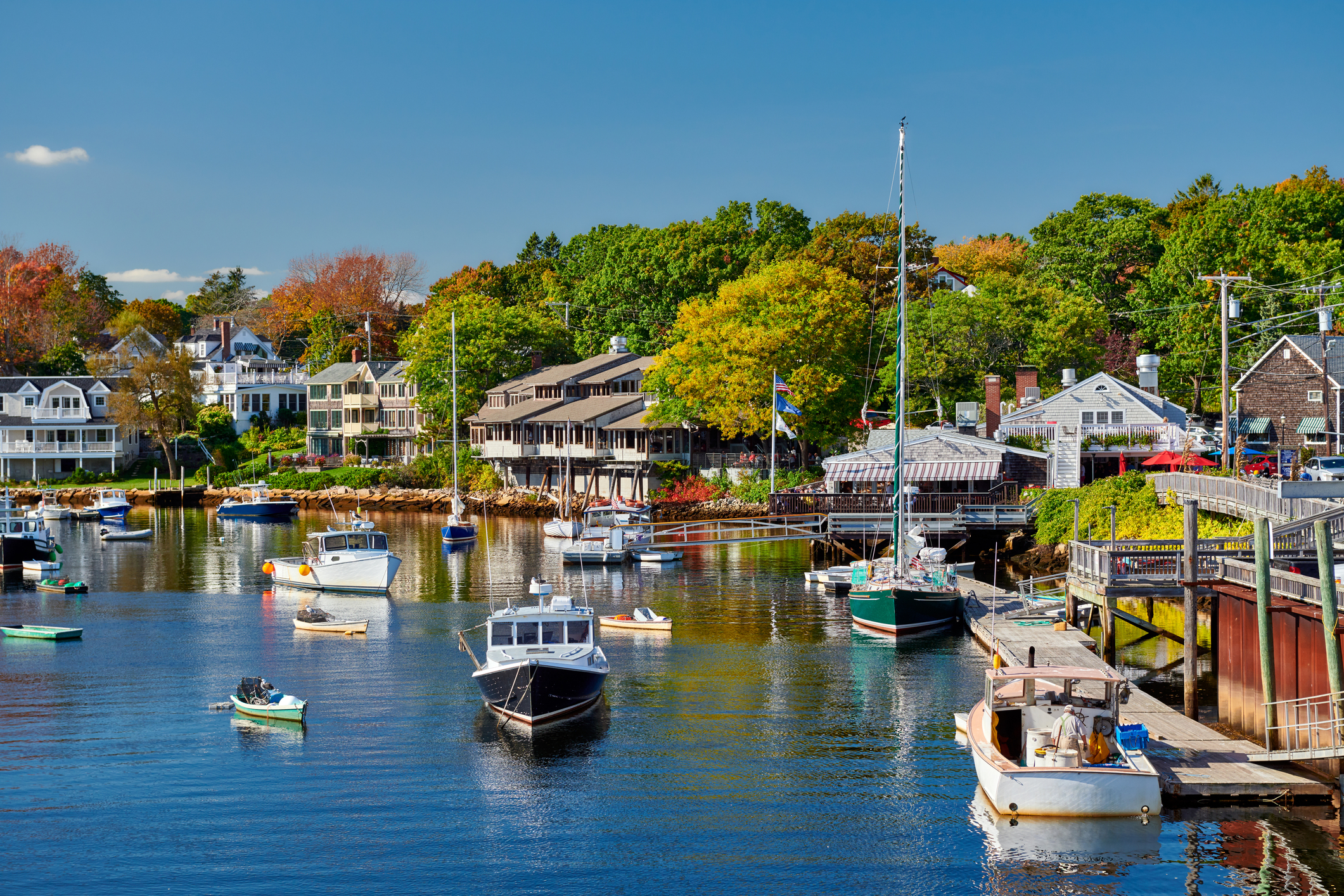 Fishing boats docked in Perkins Cove, Ogunquit, on coast of Maine.