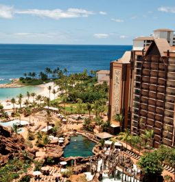 view of large beachfront resort with lagoon-style swimming pools and palm trees