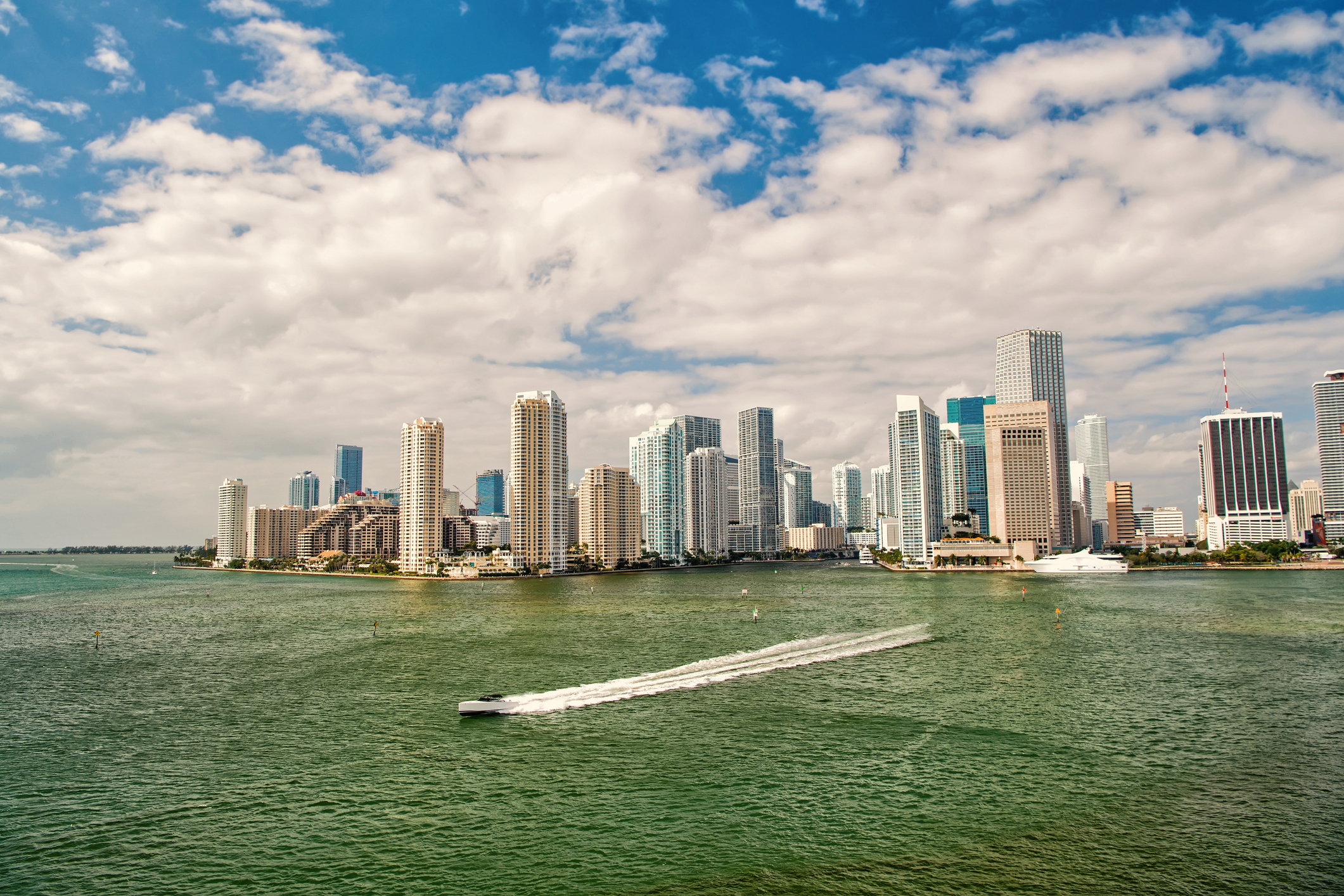 Miami waterfront with speedboat