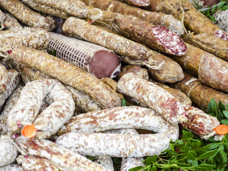 Typical Sardinian food. Dried sausages like salami, cured meats.