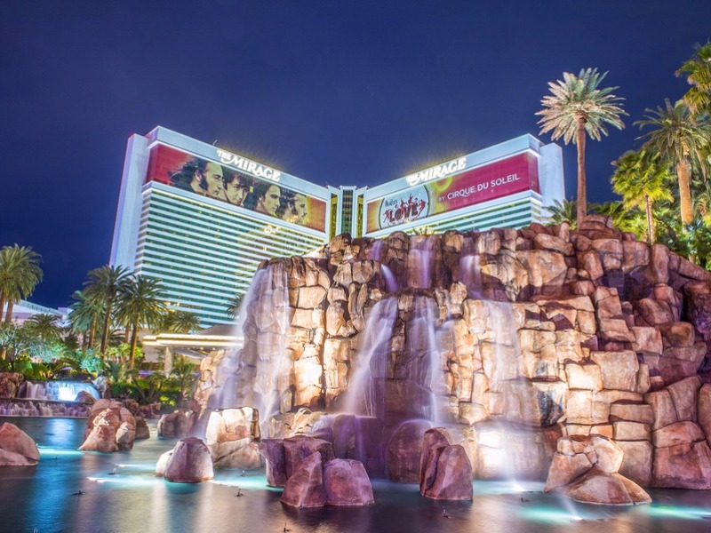 replica volcano in front of Mirage Hotel in Vegas