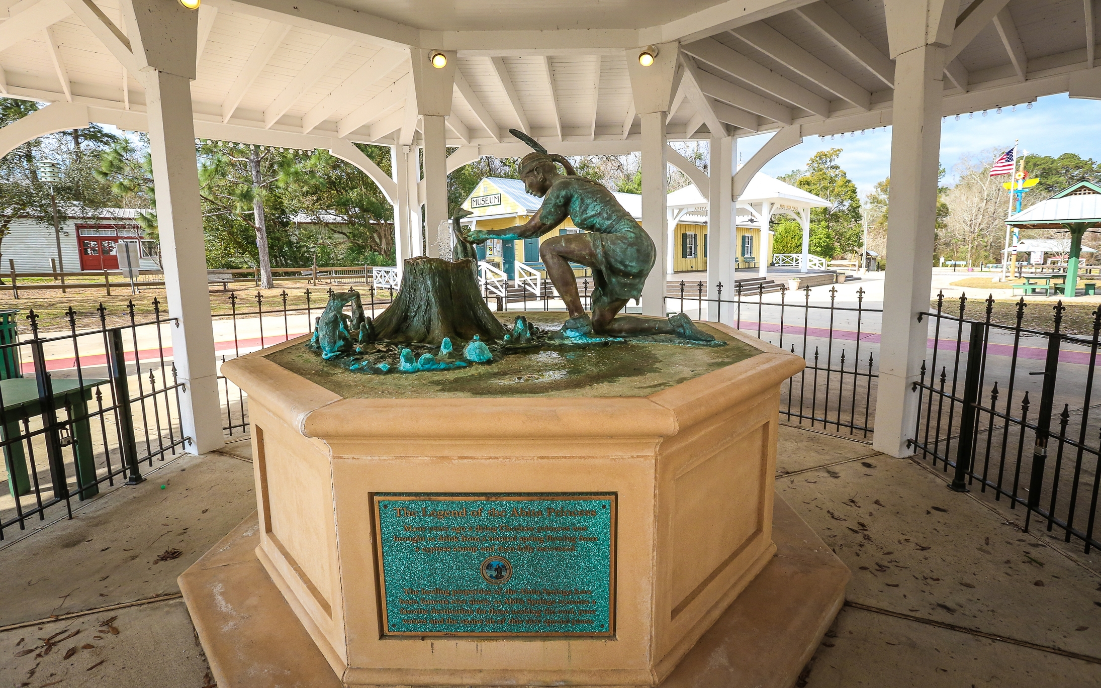 The statue of Princess Abita sits in the center of the downtown plaza and Abita Springs Trailhead.