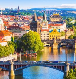 view of bridge and prague city skyline