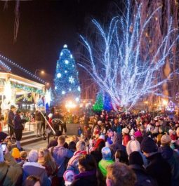 crowd of people at christmas market with large christmas tree