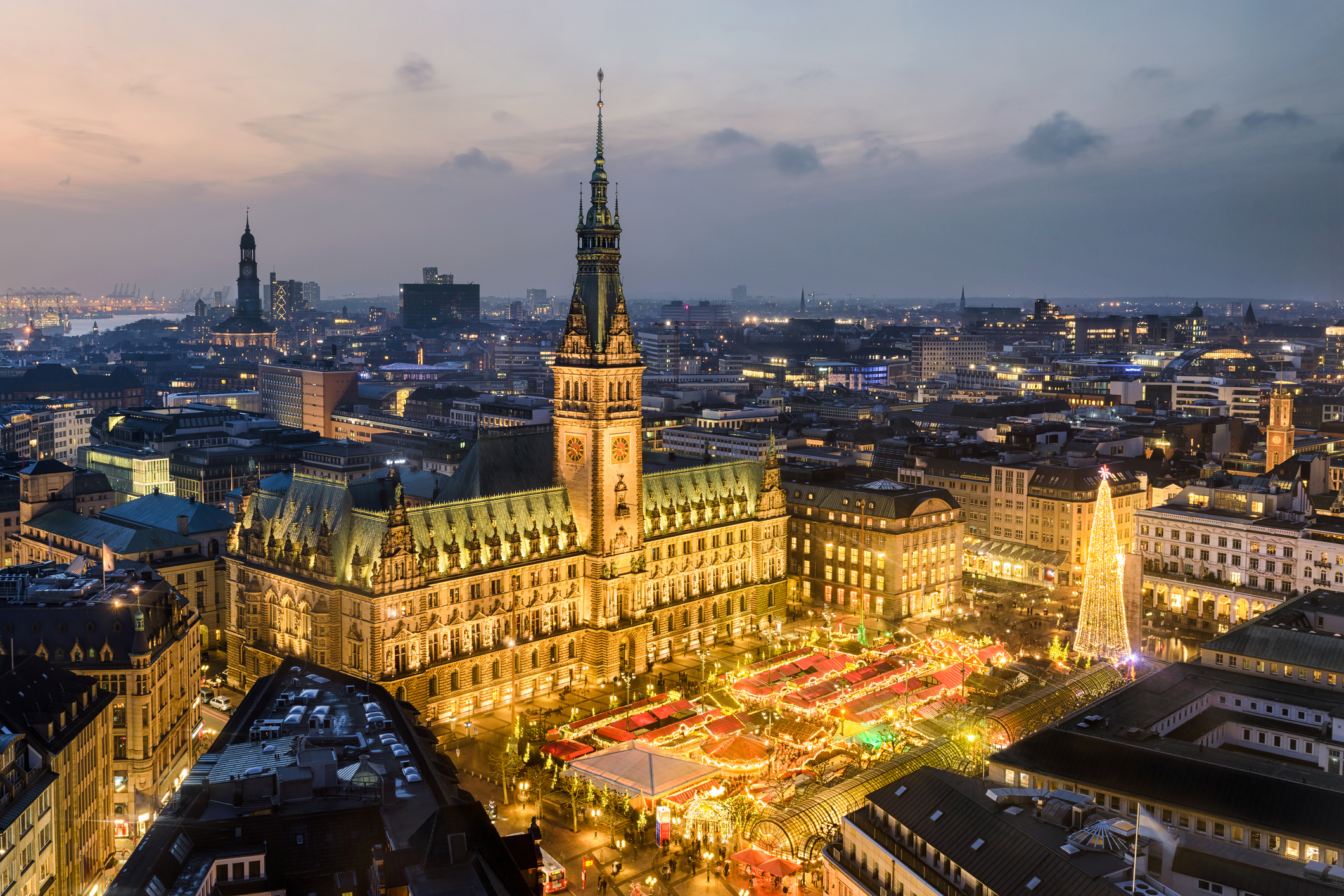 City Hall and Christmas market in Hamburg, Germany