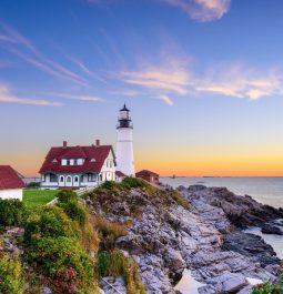 lighthouse on the coast at sunrise, Portland, Maine