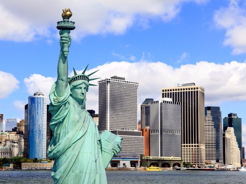 The Statue of Liberty and Lower Manhattan Skylines New York City