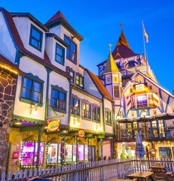 Bavarian building decorated with Christmas lights