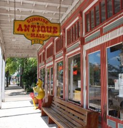 exterior of old antique shop with covered portico out front