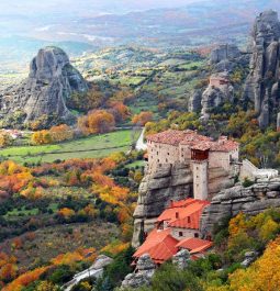 the monasteries of Meteora with fall foliage