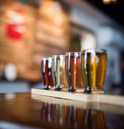 Wooden table with flight of four cider tastings