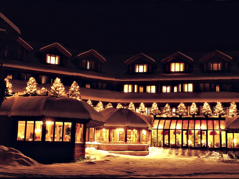 The Austrian-inspired Trapp Family Lodge lit up at night