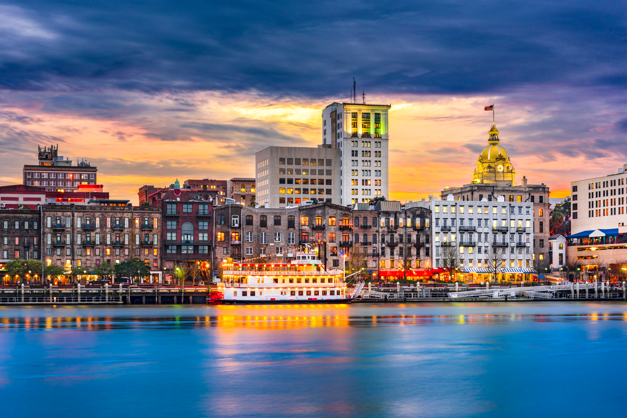 Savannah River and skyline at dusk