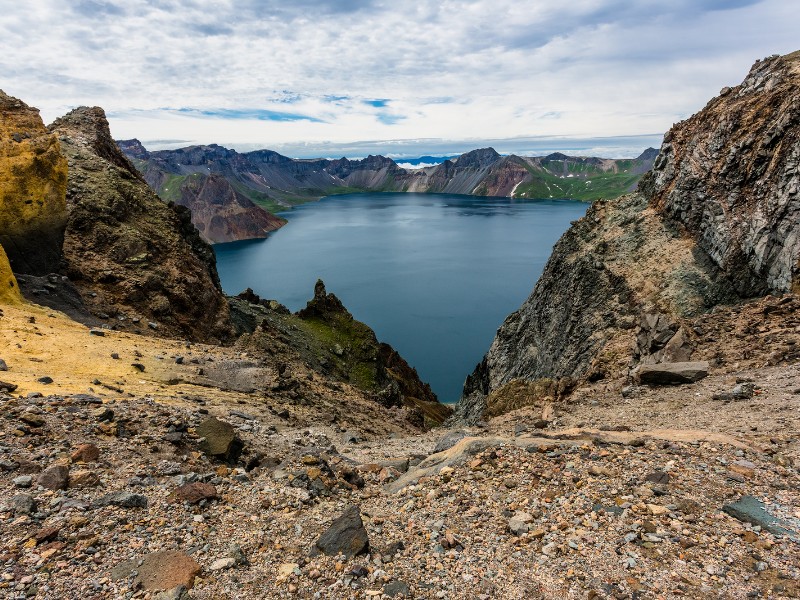 Volcanic rocky mountains and lake Tianchi