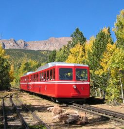 red train for pikes peak cog railway