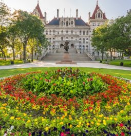 stately government building with garden of tulips in front