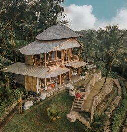 bamboo house nestled within rice fields