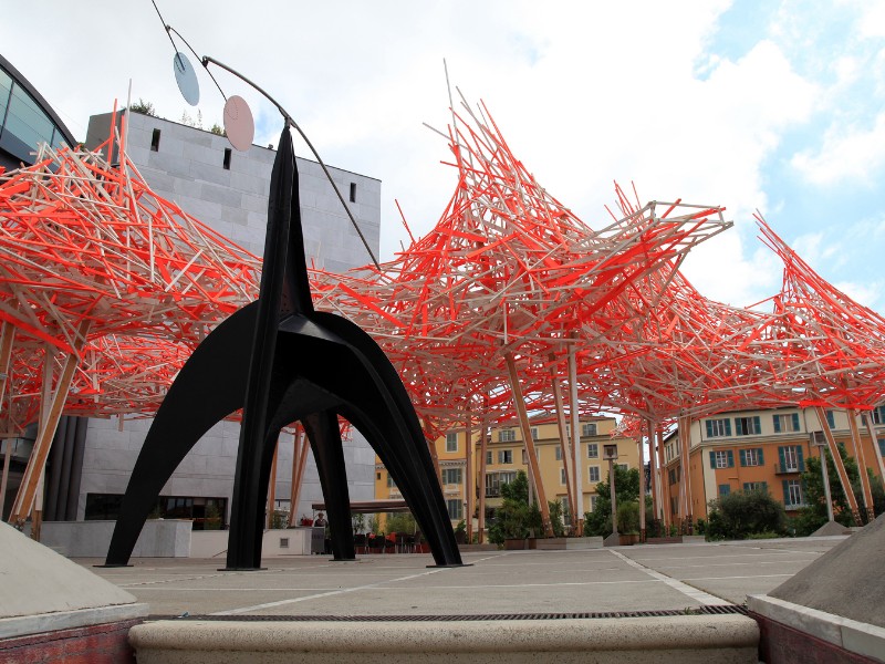 Wooden and metal art installation and facade of Museum of Modern and Contemporary Art in Nice