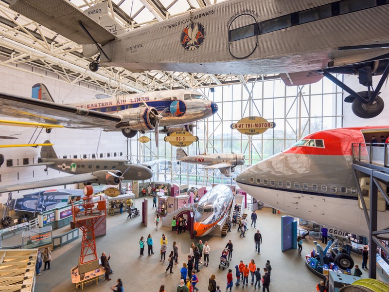 Visitors enjoy The National Air and Space Museum of the Smithsonian Institution in Washington DC