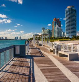 Fishing pier at South Pointe Park and view of skyscrapers in Miami Beach, Florida