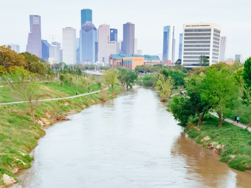 Brazos river and Houston Downtown at Buffalo Bayou park 