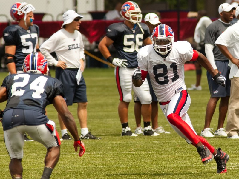 Terrell Owens of the Buffalo Bills works out at training camp