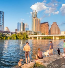 people along river in downtown austin