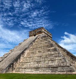 sunlight and blue sky over the Chichen Itza in Yucatan Mexico