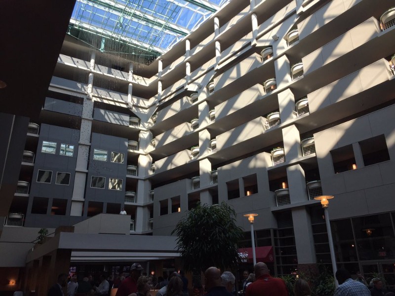 Guests at the Embassy Suites can enjoy free drinks and snacks at the evening reception.