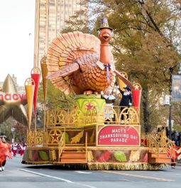 float with giant turkey in macy's thanksgiving day parade