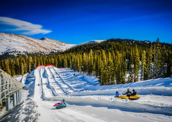 Snow tubing lanes with people going down in tubes surrounded by pine trees