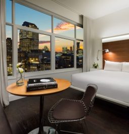 hotel room with views of the city through the window