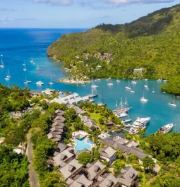 aerial overlooking the water at Marigot Bay Resort and Marina