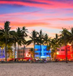 Miami Beach lit up with blue and pink lights