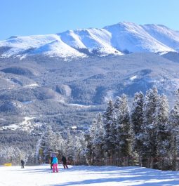 snowy mountain with skiiers