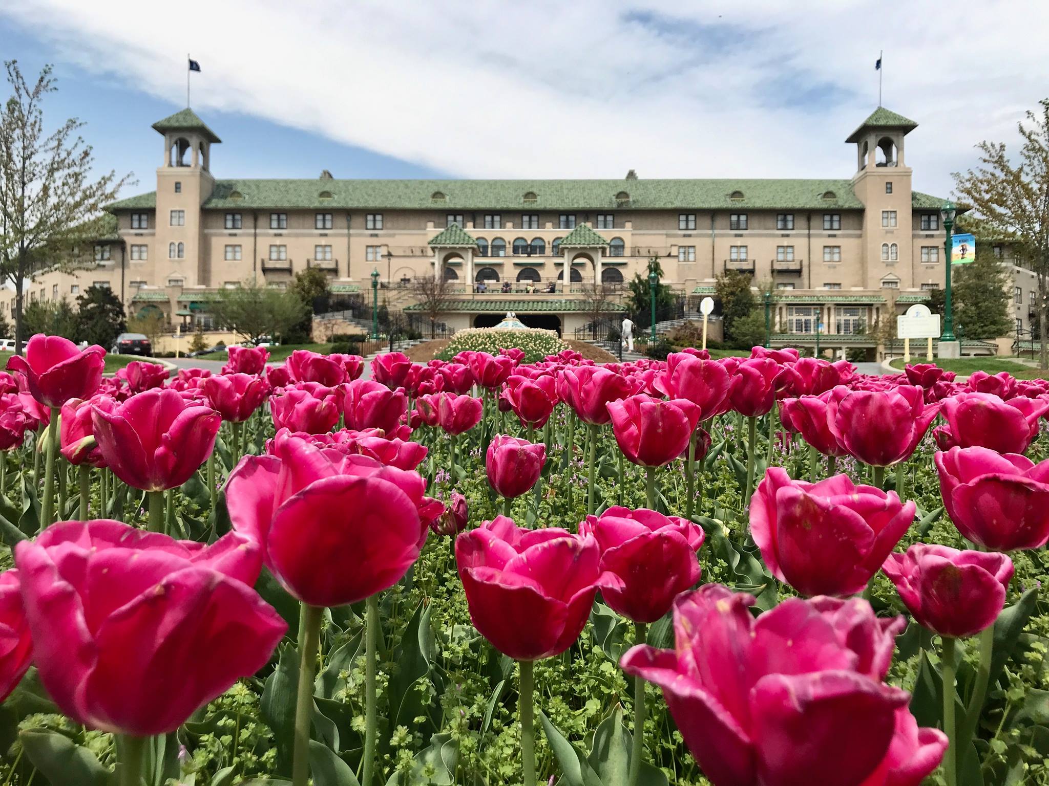 The Hotel Hershey in springtime with flowers in bloom, Hershey, Pennsylvania