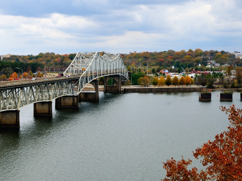 Beautiful fall view of Oneal Bridge over the Tennessee River at Florence, Alabama