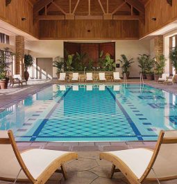 white lounge chairs with pool and plants