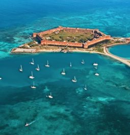 aerial view of island surrounded by blue water