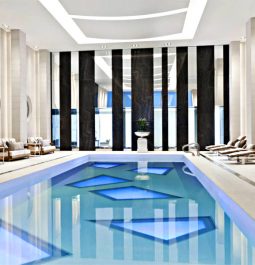 indoor pool with geometric shapes on floor