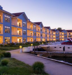 exterior of marina grand resort lit up at night