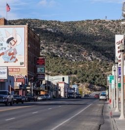 historic downtown in Nevada surrounded by hills